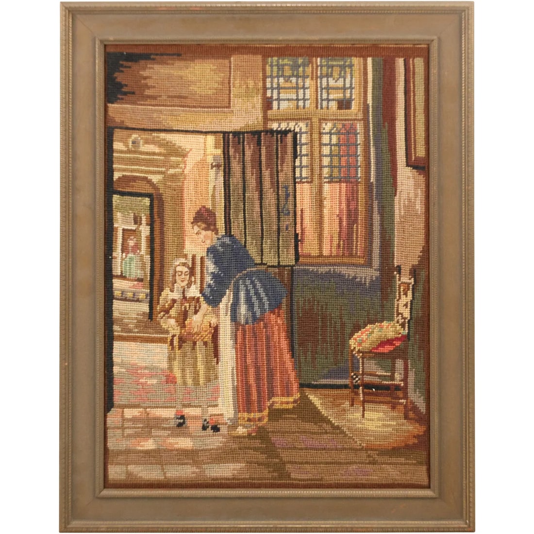 19th C. Petti Point Needlepoint Embroidery Mother and Daughter in Interior, Framed: This item requires an appointment scheduled via email (donny@donnymaloneauctions.com) at least 24 hours before pick-up. size: 19th C. Petti Point Needlepoint Embroidery Mother and Daughter in Interior