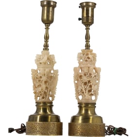 Pair Intricately Carved Chinese Soapstone Table Lamps, 20.5 in. overal height x 5.5 in. wide