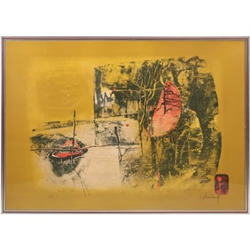 Hoi Lebadang, Framed Lithograph with Intaglio Etching, Boat and Crescent Moon, Pencil Signed