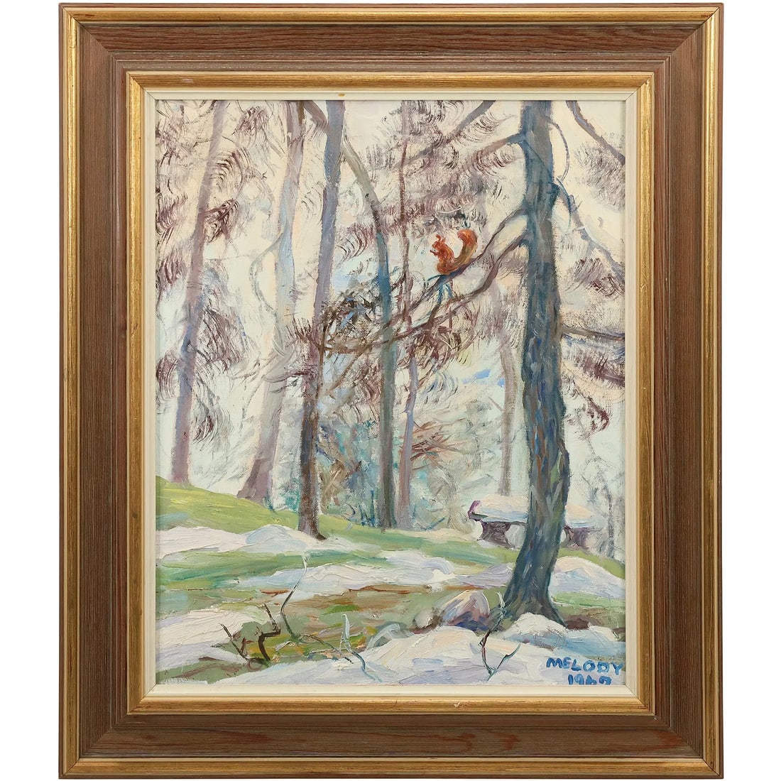 Signed Melody 1967, Oil on Board Painting, Winter Woodland with a Squirrel, Framed: This item requires an appointment scheduled via email (donny@donnymaloneauctions.com) at least 24 hours before pick-up. size: Signed Melody 1967, Oil on Board Painting, Winter Woodland with a Squirrel