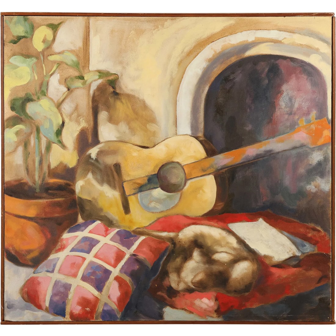 Suzanne Wanele 1974, Oil on Canvas Painting Titled: "Still Life with Cat", Guitar on Pillow (1 of 14)