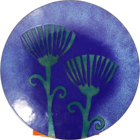Mid-Century Modern Enamel Art on Copper Blue Dish on Pedestal Base 13.75 in.