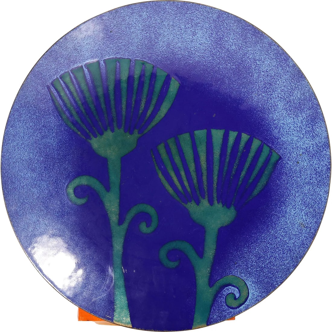 Mid-Century Modern Enamel Art on Copper Blue Dish on Pedestal Base 13.75 in. (1 of 14)