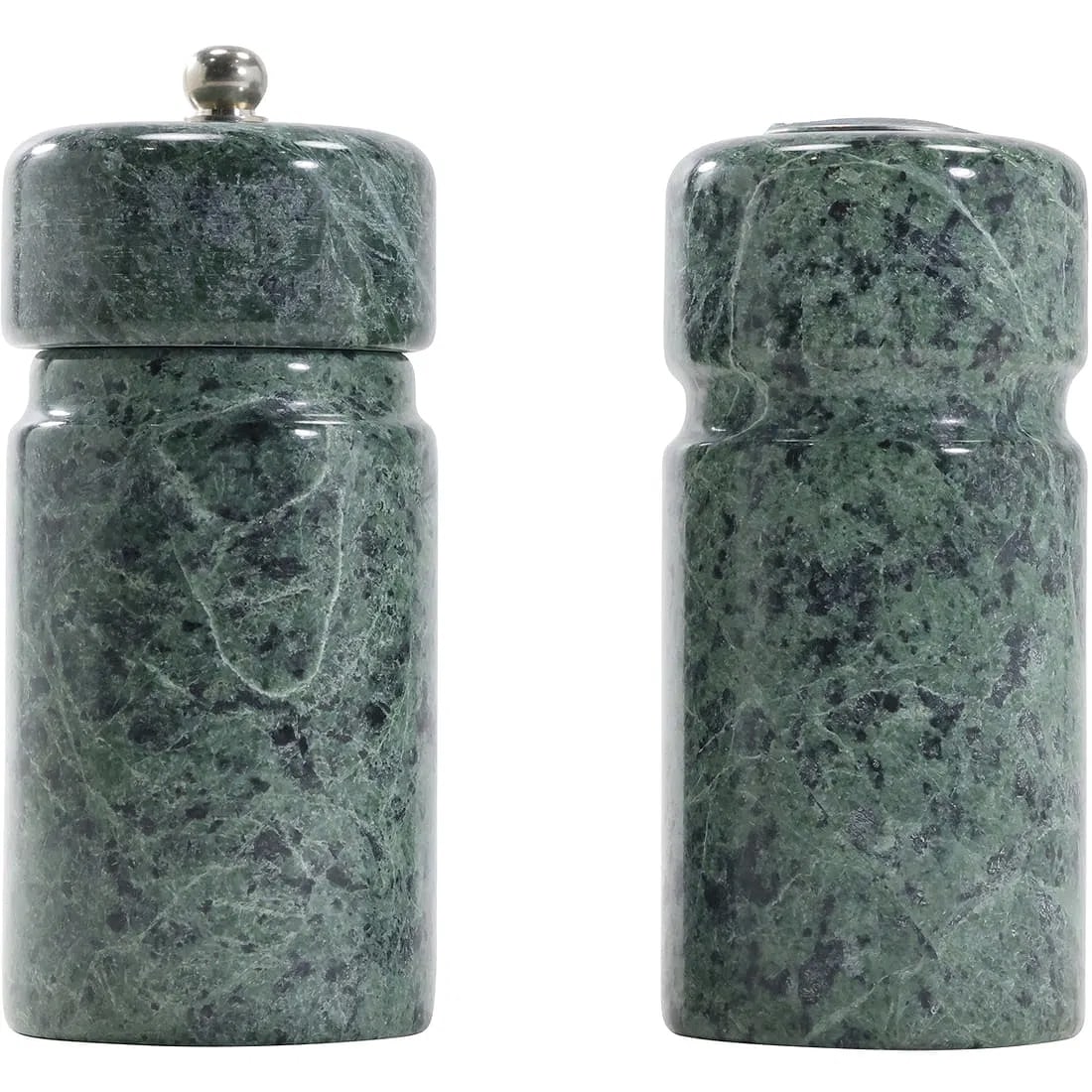 Marble Salt Shaker and Pepper Grinder Set, 5 in. height: " This item requires an appointment scheduled via email (donny@donnymaloneauctions.com) at least 24 hours before pick-up. Marble Salt Shaker and Pepper Grinder Set, 5 in. height. size: 5 h 2.25w S:a"