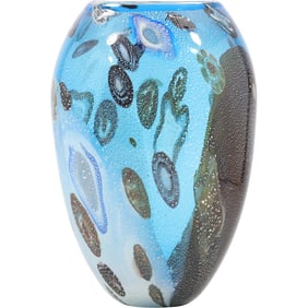 Quality Tall Aqua Blue Art Glass Vase with Abstract Pattern 13 inches height x 5.5 in. wide