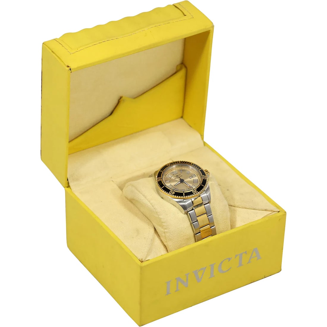 INVICTA Gold Face Men's Wristwatch in Original Yellow Box: " This item requires an appointment scheduled via email (donny@donnymaloneauctions.com) at least 24 hours before pick-up. INVICTA Gold Face Men's Wristwatch in Original Yellow Box. size: 4.5h 6w S:B"