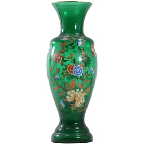 EMALDI Murano Vetri Green Art Glass Vase with Enamled Flowers 16 in. height, Original Label
