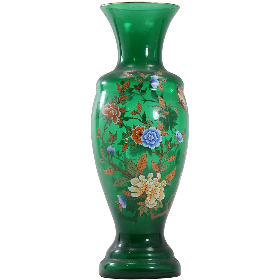EMALDI Murano Vetri Green Art Glass Vase with Enamled Flowers 16 in. height, Original Label: " This item requires an appointment scheduled via email (donny@donnymaloneauctions.com) at least 24 hours before pick-up. EMALDI Murano Vetri Green Art Glass Vase with Enamled Flowers 16 in. height, O
