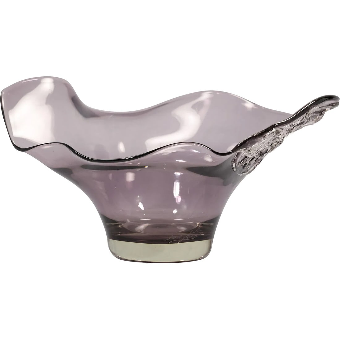 Artist Signed Studio Art Glass Amethyst Center Bowl with Ruffled Rim 15.5 in. diameter: " This item requires an appointment scheduled via email (donny@donnymaloneauctions.com) at least 24 hours before pick-up. Artist Signed Studio Art Glass Amethyst Center Bowl with Ruffled Rim 15.5 in.