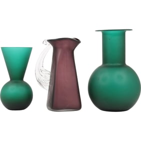 3 Assorted Mid-Century 2 Satin Green Glass Vases and Purple Amythest Pitcher