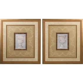 2 Framed FRENCH URNS Prints, Identified as "John Richard" Luxury Decor Company, Label on Verso