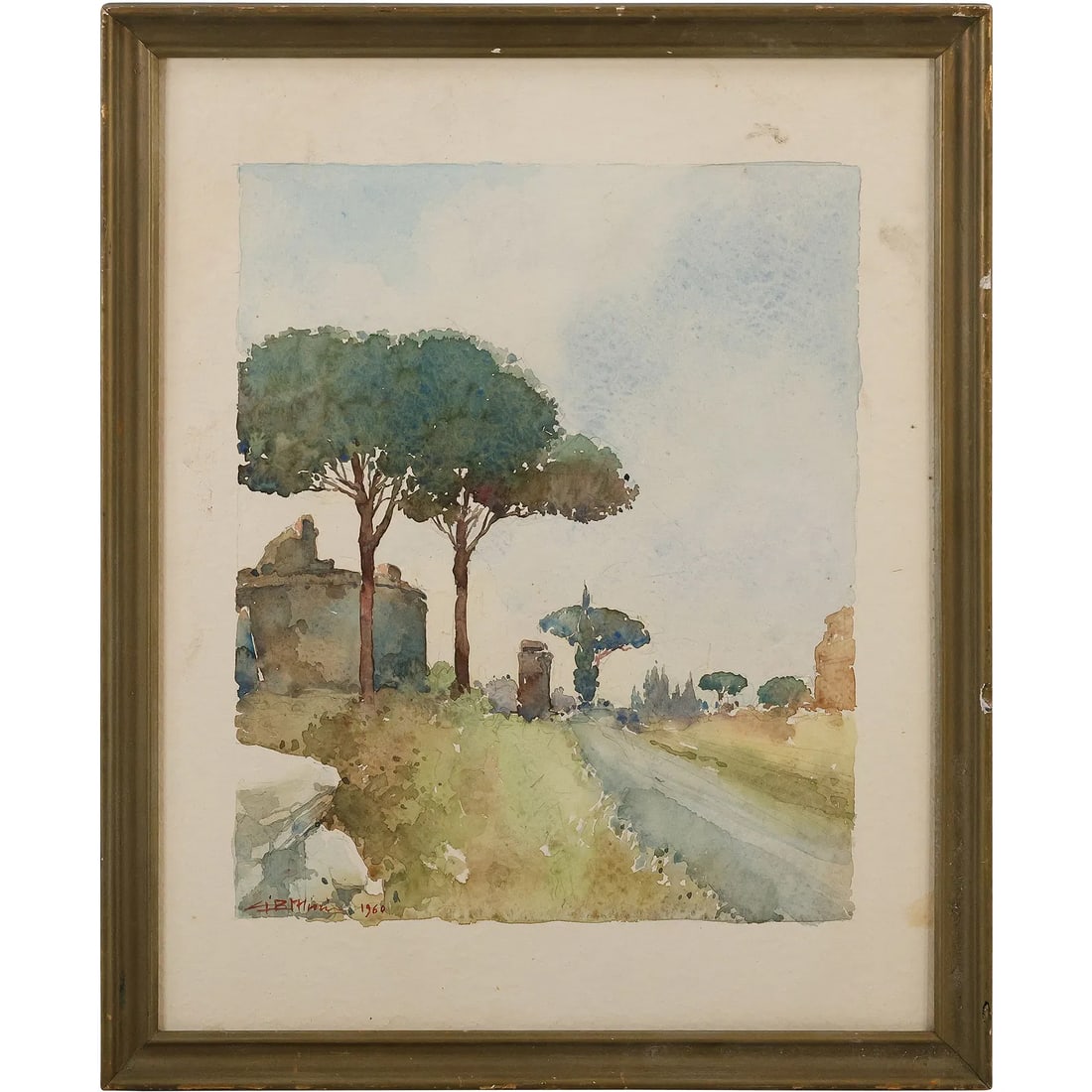 Artist Signed Dated 1960, Watercolor Painting Country Road in Rome, Framed (1 of 11)