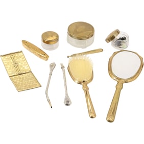 10 Piece Vintage Vanity Set with Hair Brush, Hand Mirror, Dresser Boxes, More SEE PICTURES