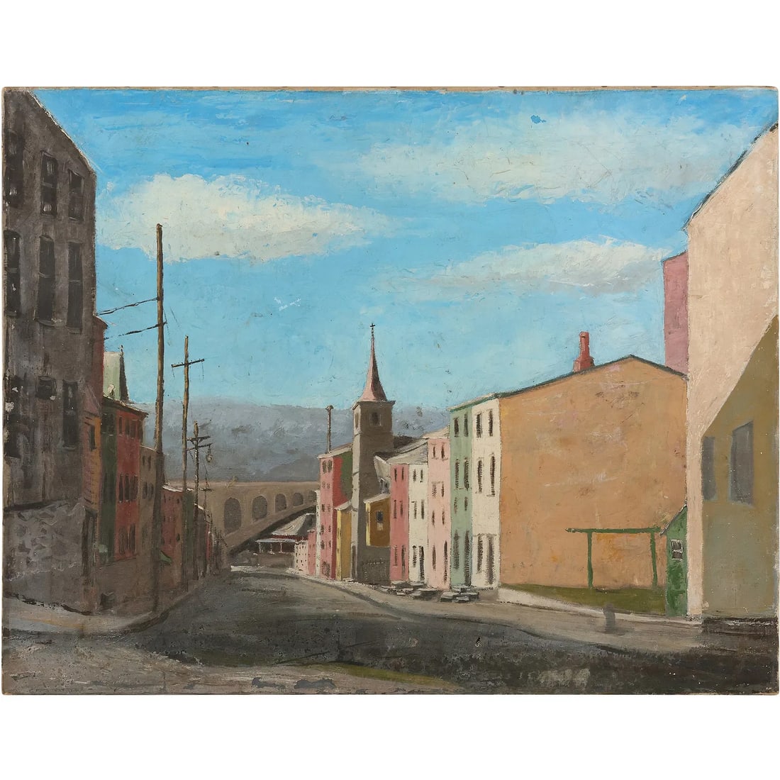 Vintage Oil on Canvas Painting Scene of Industrial Road in Yonkers, New York, 20 in. x 25 in. (1 of 15)