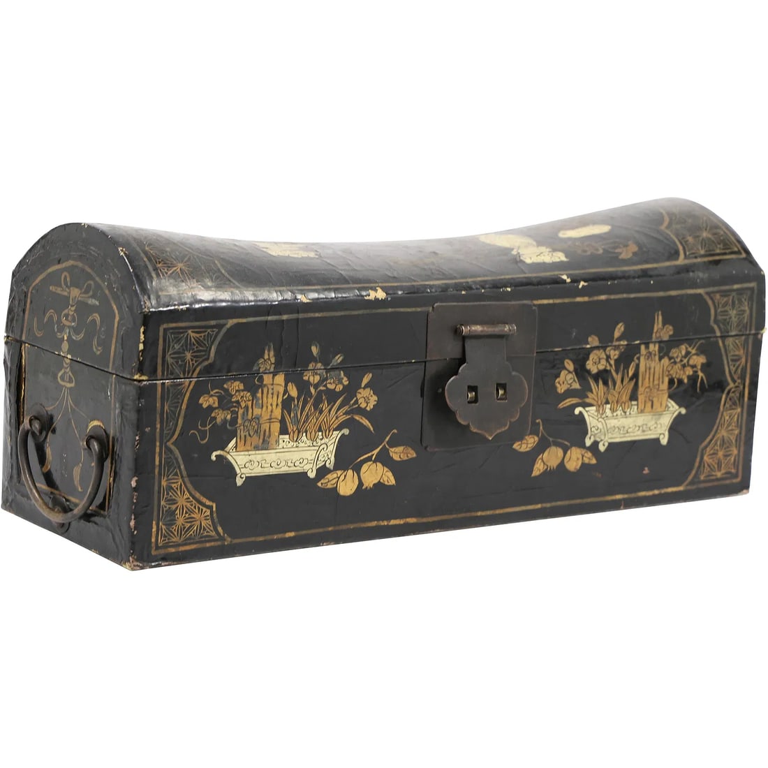 Antique Chinese Export Black Lacquer Dome Top Trunk Chest Hand Painted with Lock (1 of 15)