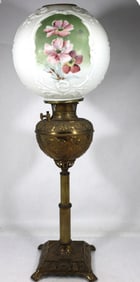 Bradley & Hubbard Victorian Banquet Oil Lamp Brass Base with Hand-Painted Glass Shade
