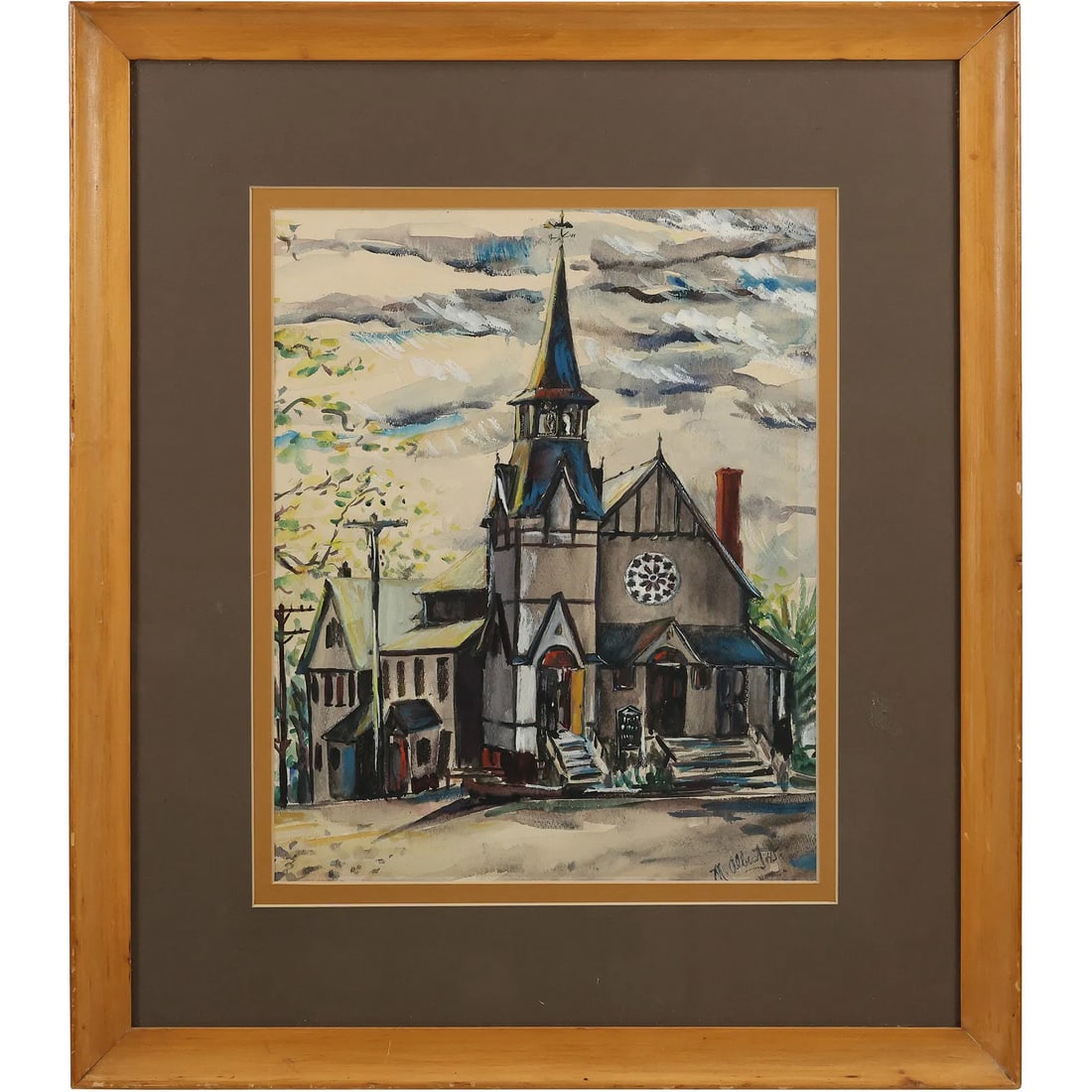 Signed M Albert, Vintage 1940s Watercolor of a Church, Signed and Framed (1 of 17)