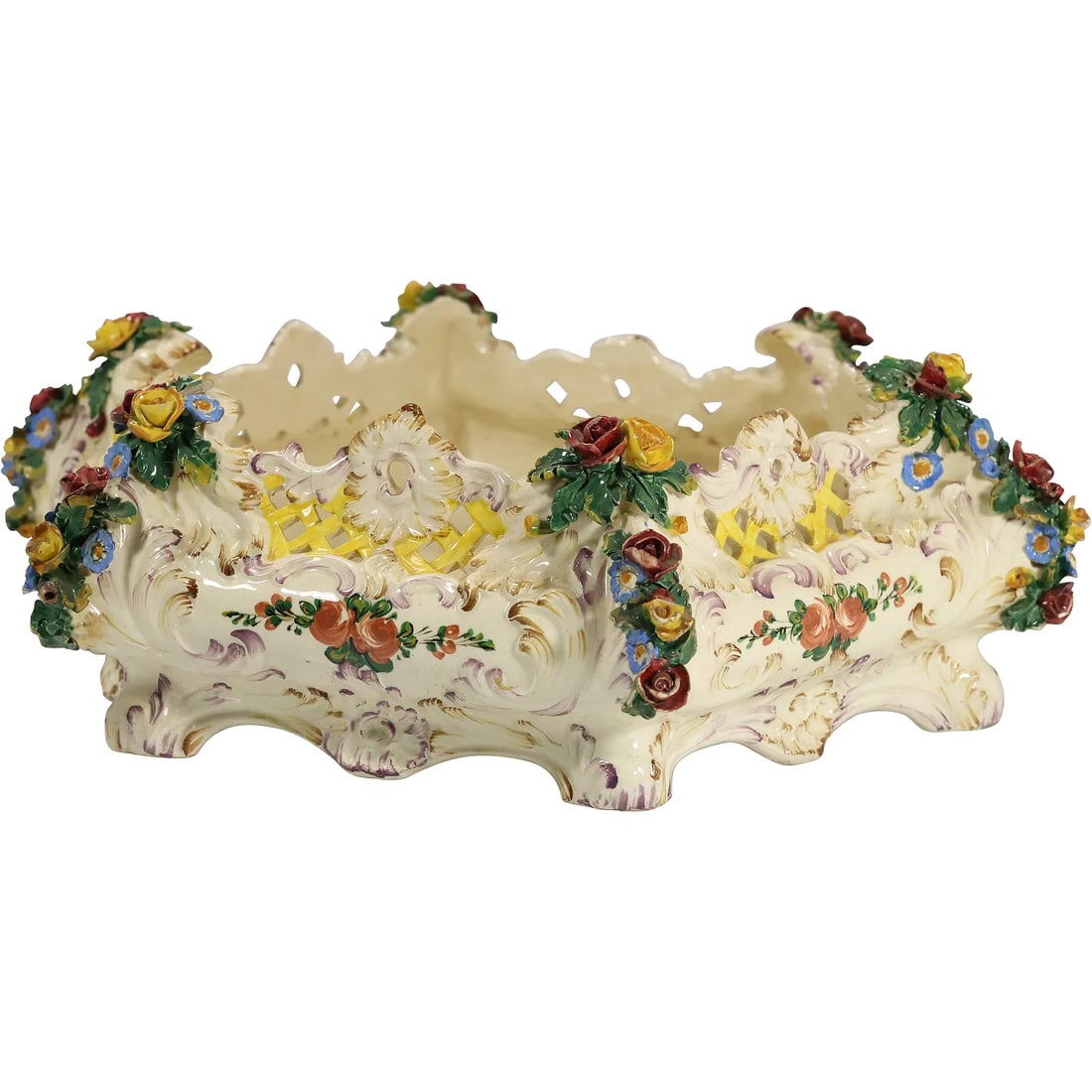 Vintage Italian Bassano Porcelain Planter – Relief Flower Decoration: " This item requires an appointment scheduled via email (donny@donnymaloneauctions.com) at least 24 hours before pick-up. Decorative vintage planter crafted in Bassano, Italy, made of porcelain with a