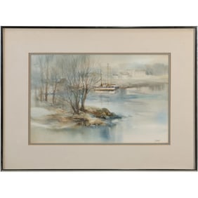 Carol Shupp Sebold (1939 - 2010) Maine, Ohio, Watercolor Painting "Morning Mist" Label on Verso