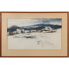 Jack Winn, Canadian Artist 20th C., Fine Watercolor Painting Winter Landscape with Farmhouse