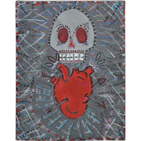 20th C. Oil Painting Skull and a Heart, often Associated with Themes of Life, Death, and Love