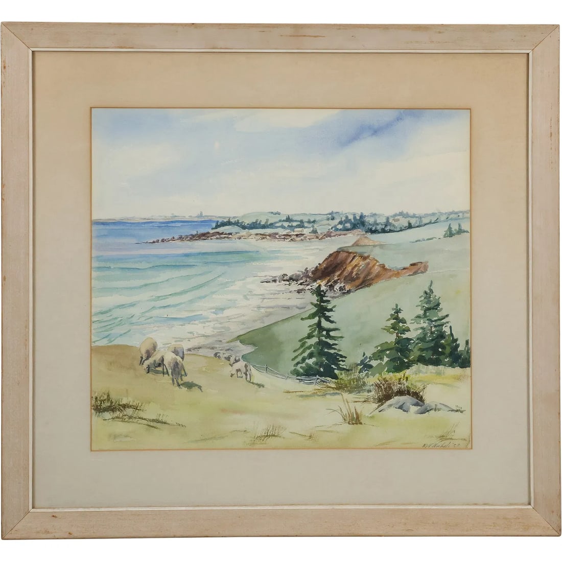 M V Nichols 1957, Watercolor Painting, Coastal Landscape, Sheep on Hillside (1 of 14)