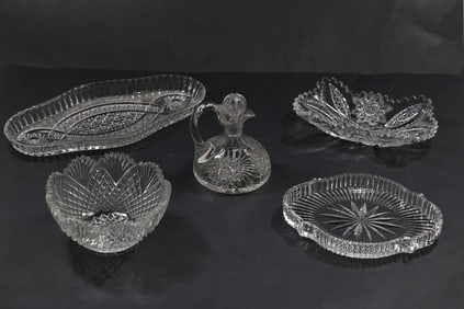 Estate Grouping 5 Assorted Cut Glass Bowls, Trays, Cruet, including American Brilliant