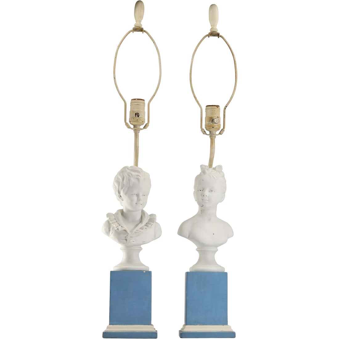 Pair Fine Quality Antique Parian Bisque FIGURE OF BOY AND GIRL TABLE LAMPS: " This item requires an appointment scheduled via email (donny@donnymaloneauctions.com) at least 24 hours before pick-up. Pair Fine Quality Antique Parian Bisque FIGURE OF BOY AND GIRL TABLE LAMPS. si