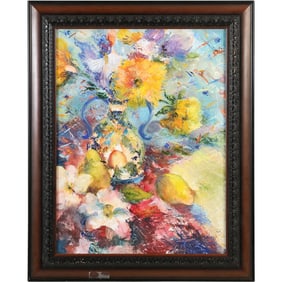 Linda Turoczi, 20th C. Oil Painting "Flower & Pear Party", Exhibition Label on Verso