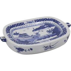 Chinese Export Blue Canton Porcelain Warming Dish, also known as a hot water warming plate.