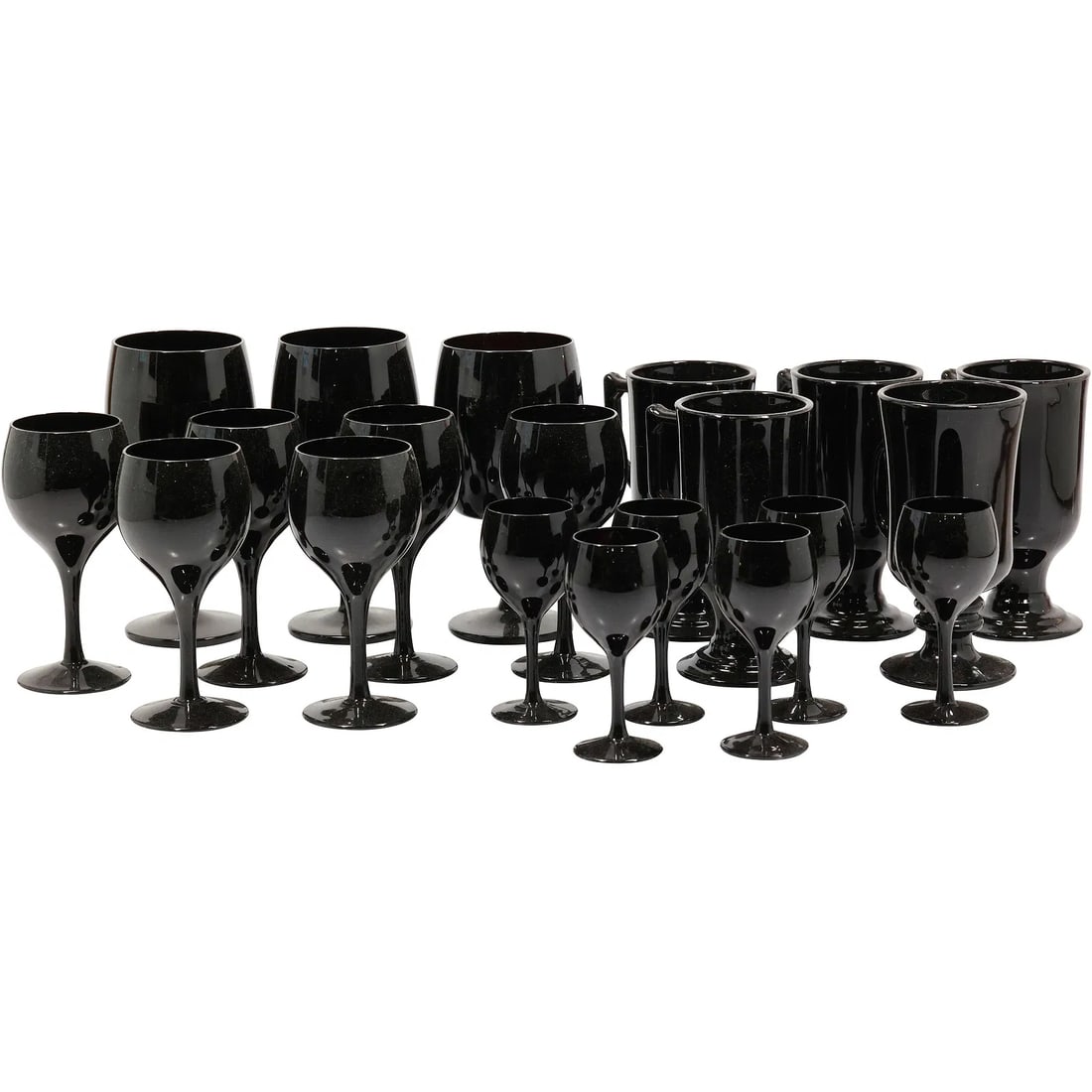 20 Assorted Gorham Reizart Black Amethyst Mid Century Crystal Port Wine Glasses, Mugs: " This item requires an appointment scheduled via email (donny@donnymaloneauctions.com) at least 24 hours before pick-up. 20 Assorted Gorham Reizart Black Amethyst Mid Century Crystal Port Wine Glasse