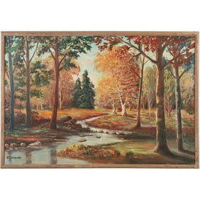 R F Landsear, Vintage Oil on Canvas Painting, Autumn Landscape with Stream, Signed