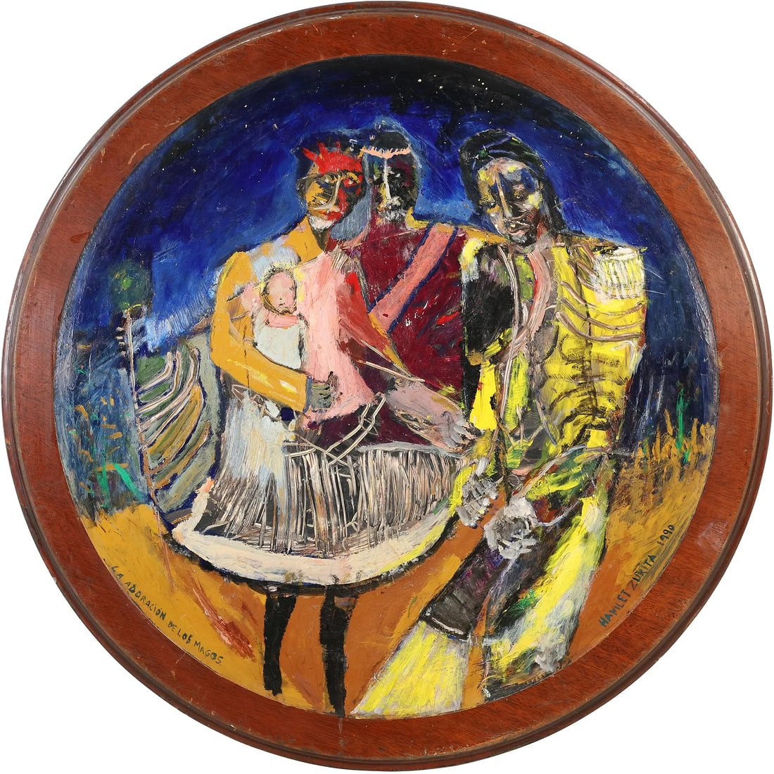 Hamlet Zurita 1990 NYC [New York City],Oil Painting on Round Wood Panel " La Adoracion De Los Magos": This item requires an appointment scheduled via email (donny@donnymaloneauctions.com) at least 24 hours before pick-up. size: Hamlet Zurita 1990 NYC [New York City],Oil Painting on Round Wood Panel " 