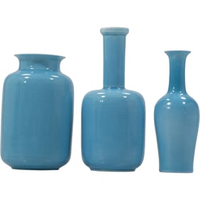 3 Assorted Blue Chinese Porcelain Cabinet / Bud Vases Signed on Bases