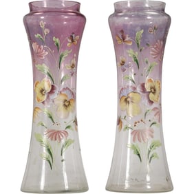 Pair Circa 1900 Art Nouveau Amethyst to Clear Glass Vases Enameled Flowers Decoration 13 in.