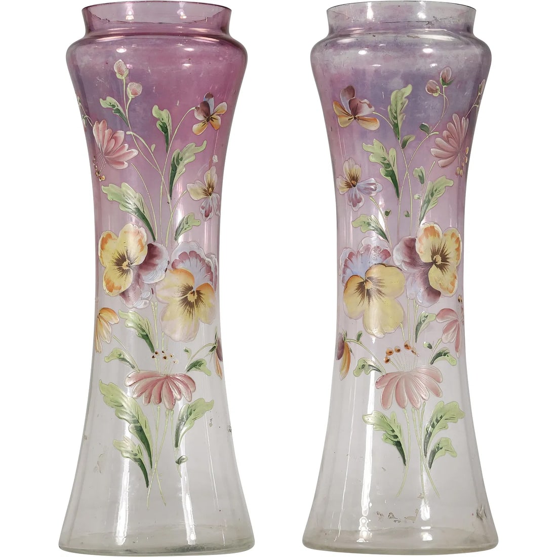 Pair Circa 1900 Art Nouveau Amethyst to Clear Glass Vases Enameled Flowers Decoration 13 in. (1 of 14)