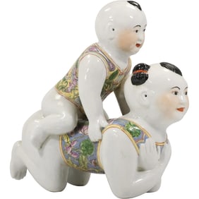 Vintage Chinese Export Large Porcelain Figurine Pillow Boy & Girl, 14 in. x 11.5 in.