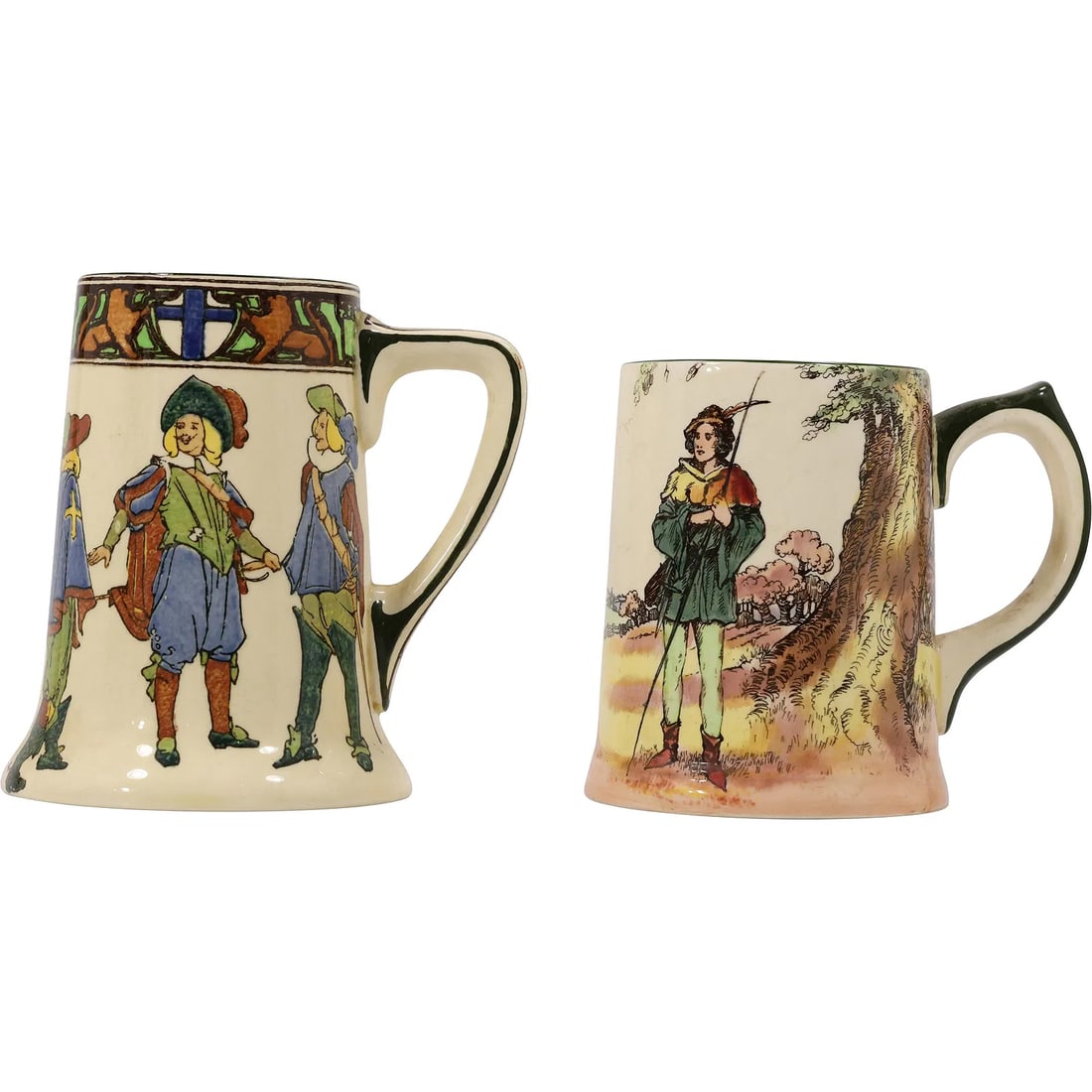 2 Royal Doulton Porcelain Steins "The New Cavaliers" and "The Greenwood Tree": " This item requires an appointment scheduled via email (donny@donnymaloneauctions.com) at least 24 hours before pick-up. 2 Royal Doulton Porcelain Steins ""The New Cavaliers"" and ""The Greenwood Tre