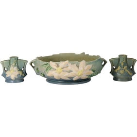 3 Piece CLEMATIS Roseville Art Pottery Console Set: Center Bowl and 2 Candlesticks