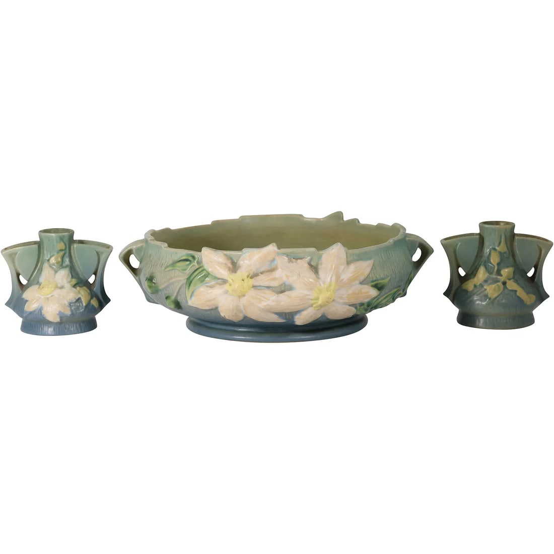 3 Piece CLEMATIS Roseville Art Pottery Console Set: Center Bowl and 2 Candlesticks (1 of 14)
