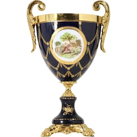 Late 20th C. French Fine Porcelain Urn Cobalt Blue with Brass Mounts, Courting Scene 15.5 in. height