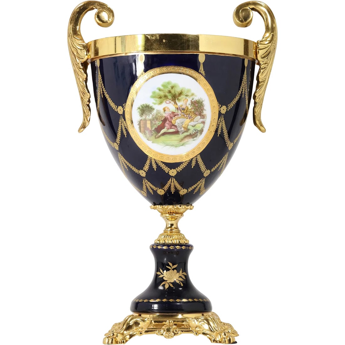 Late 20th C. French Fine Porcelain Urn Cobalt Blue with Brass Mounts, Courting Scene 15.5 in. height (1 of 16)