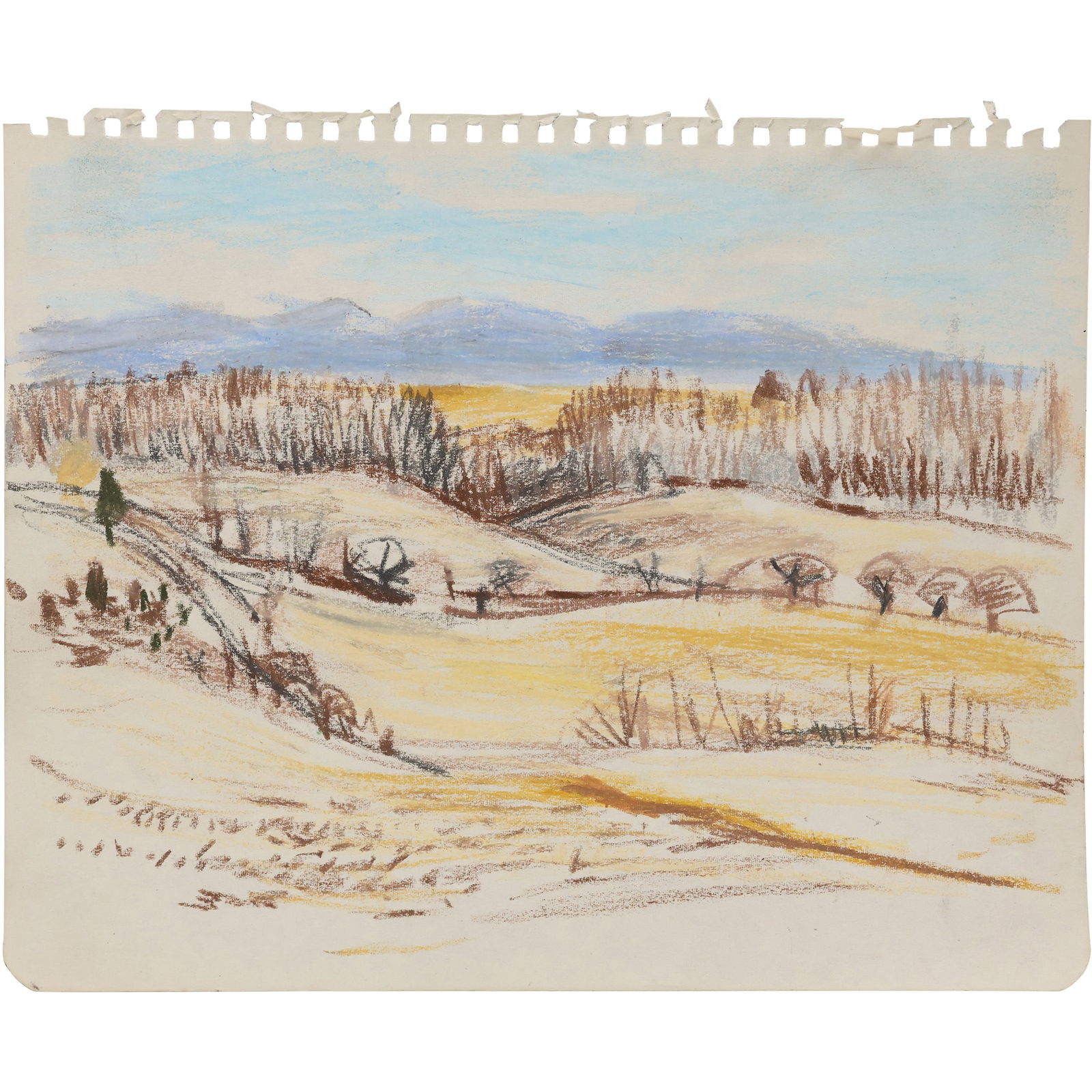 Robert Angeloch Crayon Drawing on Paper Landscape "Catskills", Unsigned: All descriptions were generated using AI technology and have not been reviewed or verified by a human. All items are sold as-is, where-is. It is the buyer’s responsibility to preview, examine, and a