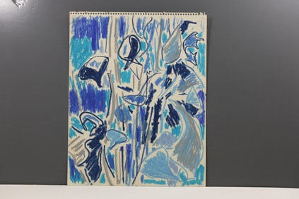 Robert Angeloch (1922–2011) Still Life with Blue Irises Crayon Drawing, 1956, 11 × 13.5 in.