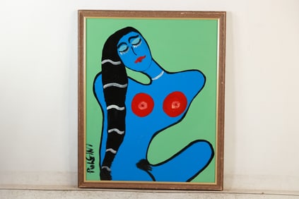Thomas Pulgini ,American, Oil on Board Abstract Blue Nude Woman Signed