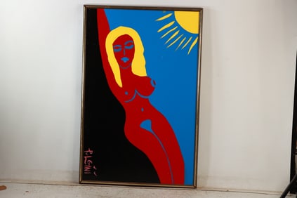 Thomas Pulgini, American, Pop-Art Abstract Red Nude Woman Sunbathing Signed
