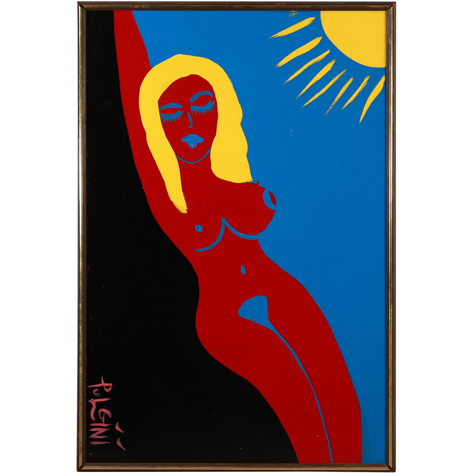 Thomas Pulgini, American, Pop-Art Abstract Red Nude Woman Sunbathing Signed: All descriptions were generated using AI technology and have not been reviewed or verified by a human. All items are sold as-is, where-is. It is the buyer’s responsibility to preview, examine, and a