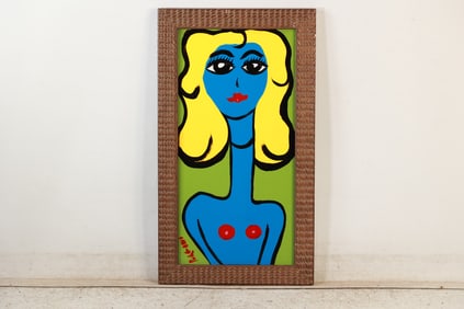Thomas Pulgini, American, Pop-Art Abstract Blue Nude Woman with Yellow Hair and Long Neck