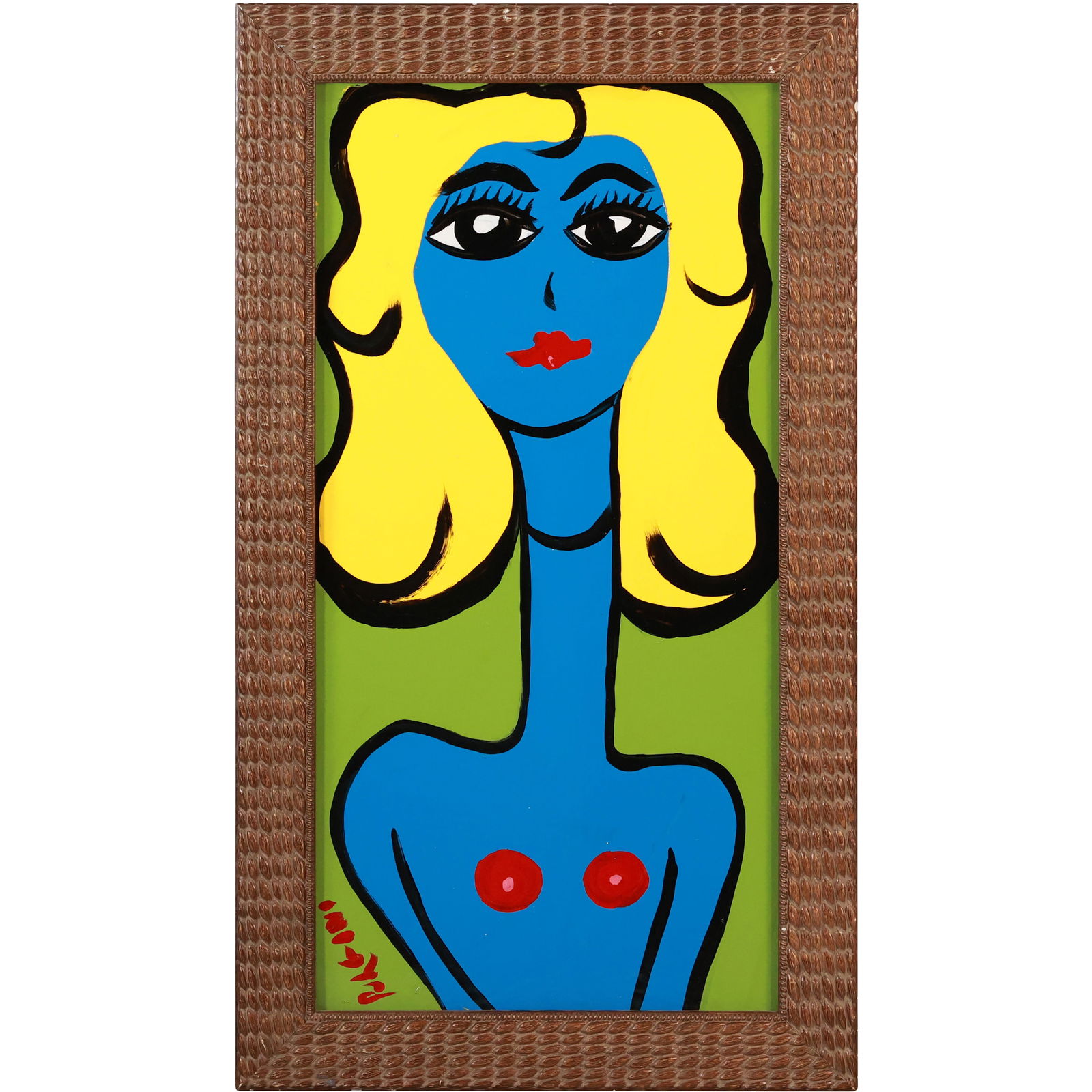 Thomas Pulgini, American, Pop-Art Abstract Blue Nude Woman with Yellow Hair and Long Neck: All descriptions were generated using AI technology and have not been reviewed or verified by a human. All items are sold as-is, where-is. It is the buyer’s responsibility to preview, examine, and a