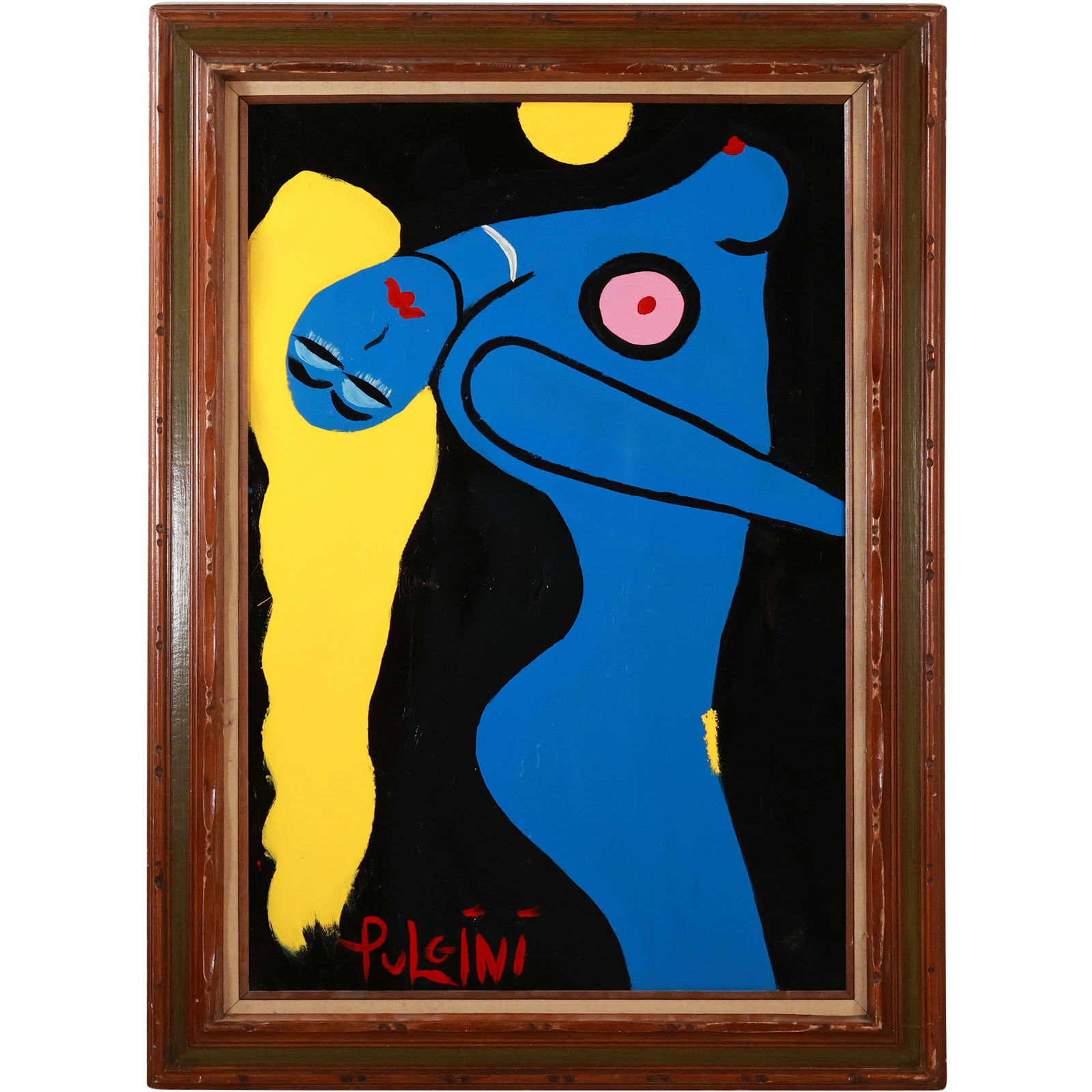 Thomas Pulgini, American, Pop-Art Abstract Nude Blue Woman Leaning with Yellow Hair: All descriptions were generated using AI technology and have not been reviewed or verified by a human. All items are sold as-is, where-is. It is the buyer’s responsibility to preview, examine, and a